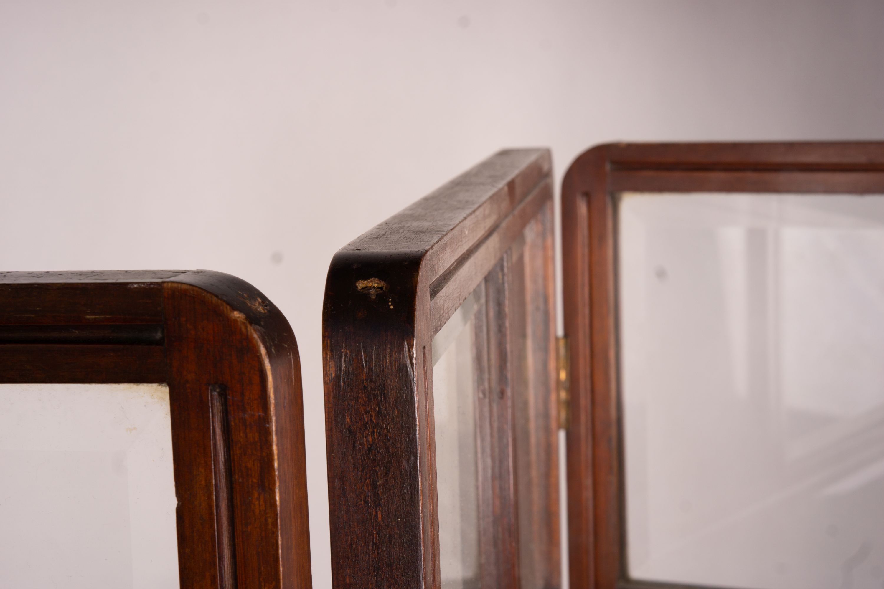 An Edwardian glazed mahogany three fold screen, each panel width 51cm, height 157cm